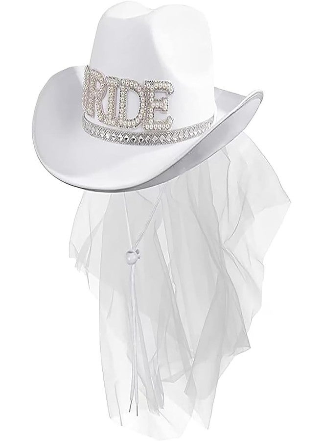 Delphinus Bridal Cowboy Hat, Bronzing Bride Cowgirl Hat White Velvet Fur Veil Favors Women Felt Party Hat,Bachelorette Party Bride to be Gift - Image 2