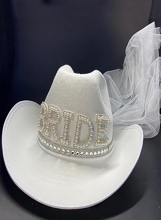 Delphinus Bridal Cowboy Hat, Bronzing Bride Cowgirl Hat White Velvet Fur Veil Favors Women Felt Party Hat,Bachelorette Party Bride to be Gift - Image 3
