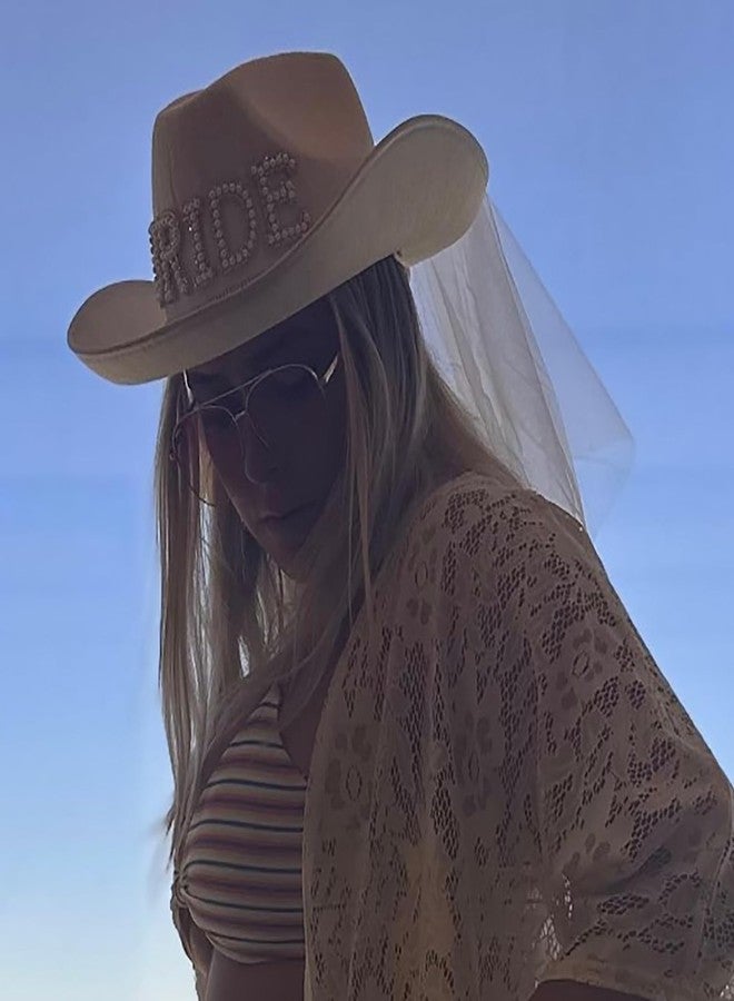 Delphinus Bridal Cowboy Hat, Bronzing Bride Cowgirl Hat White Velvet Fur Veil Favors Women Felt Party Hat,Bachelorette Party Bride to be Gift - Image 5