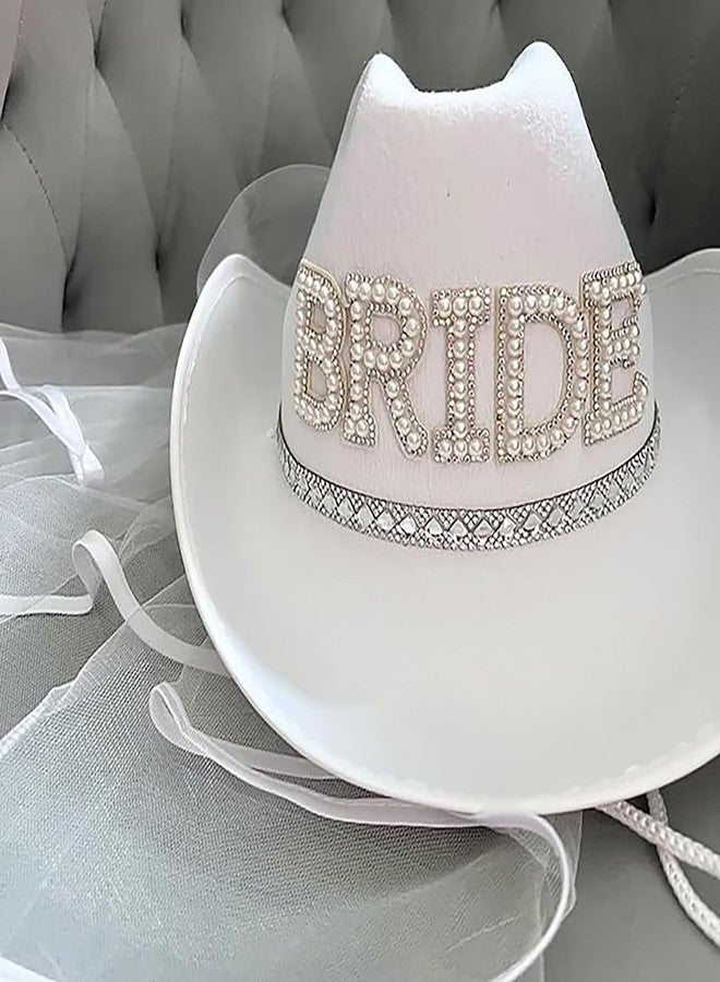 Delphinus Bridal Cowboy Hat, Bronzing Bride Cowgirl Hat White Velvet Fur Veil Favors Women Felt Party Hat,Bachelorette Party Bride to be Gift - Image 4