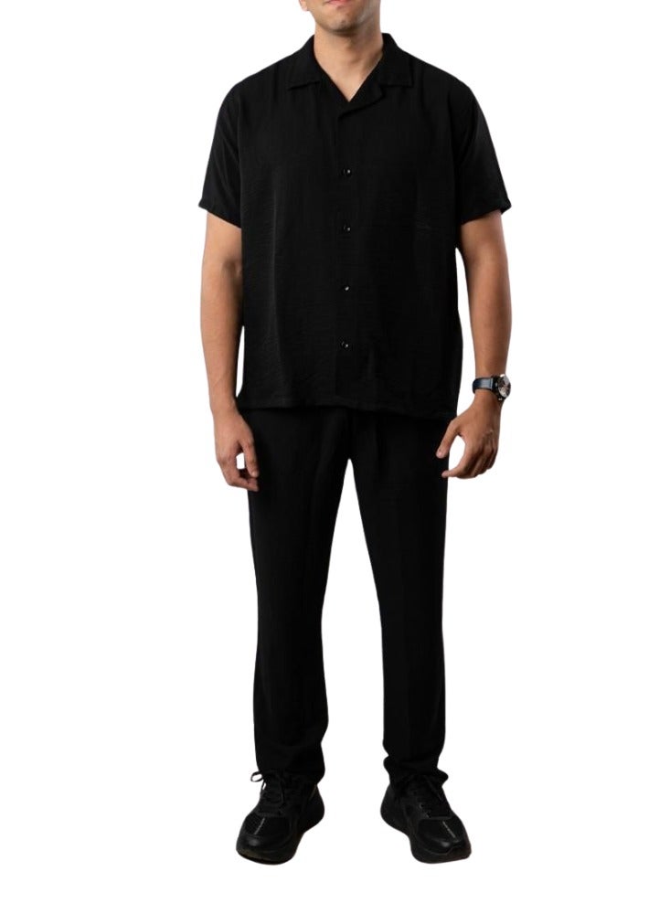 Premium Linen Two-Piece Set, Short Sleeve Shirt and Trousers, Available in Black, White, Beige  - Image 1
