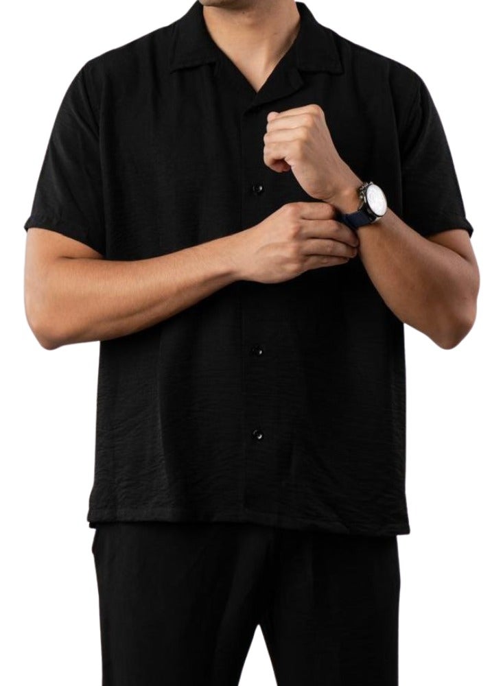 Premium Linen Two-Piece Set, Short Sleeve Shirt and Trousers, Available in Black, White, Beige  - Image 3