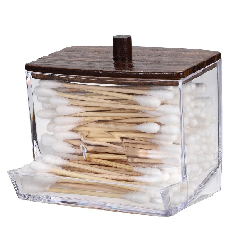 Hipiwe Clear Acrylic Qtip Holder Apothecary Jar With Wood Lid Cotton Ball And Swab Organizer Bathroom Accessories Canister Paperclip Organizer For Cotton Round Pads  Floss Picks - Image 1