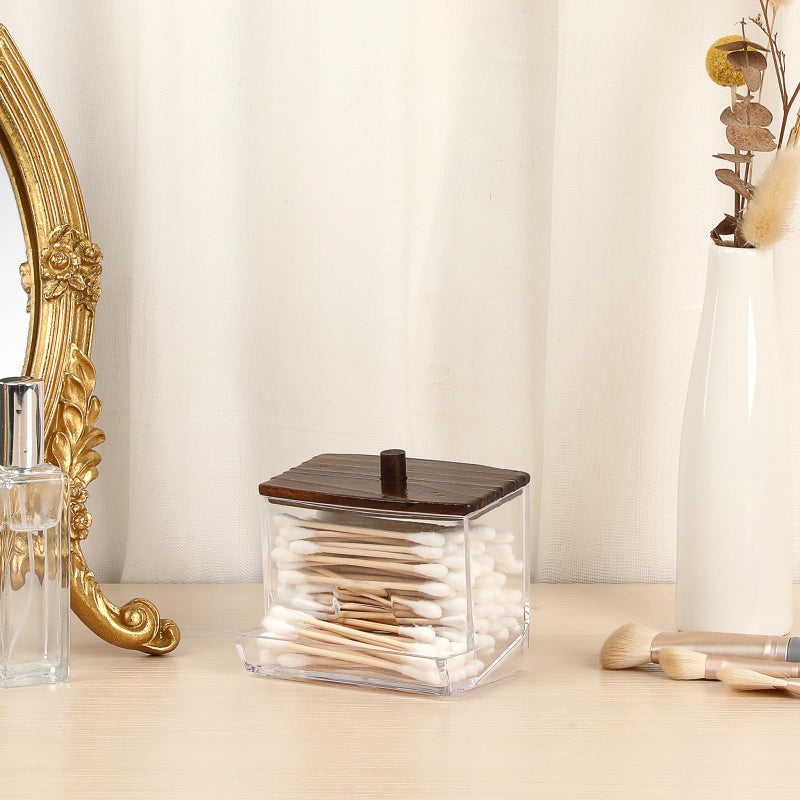 Hipiwe Clear Acrylic Qtip Holder Apothecary Jar With Wood Lid Cotton Ball And Swab Organizer Bathroom Accessories Canister Paperclip Organizer For Cotton Round Pads  Floss Picks - Image 2