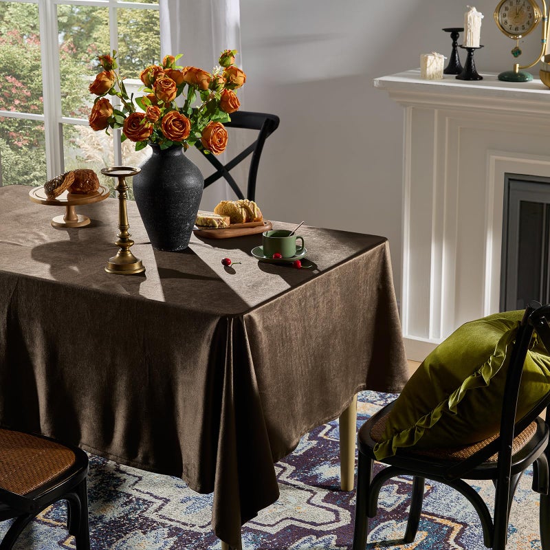 OMMATO Brown Velvet Tablecloths Rectangular French Luxury Solid Table Cloth Vintage Retro Farmhouse Rustic Country Tablecloth Washable Table Cover for Party Kitchen Dinning Tabletop Decor,55x84 Inch,Fall - Image 2