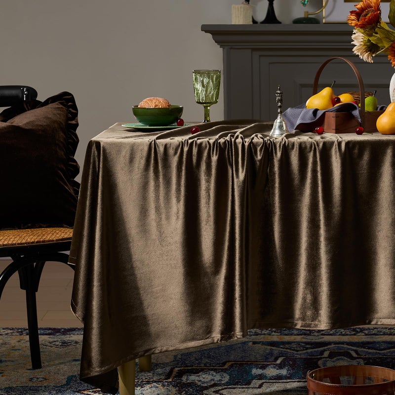 OMMATO Brown Velvet Tablecloths Rectangular French Luxury Solid Table Cloth Vintage Retro Farmhouse Rustic Country Tablecloth Washable Table Cover for Party Kitchen Dinning Tabletop Decor,55x84 Inch,Fall - Image 1
