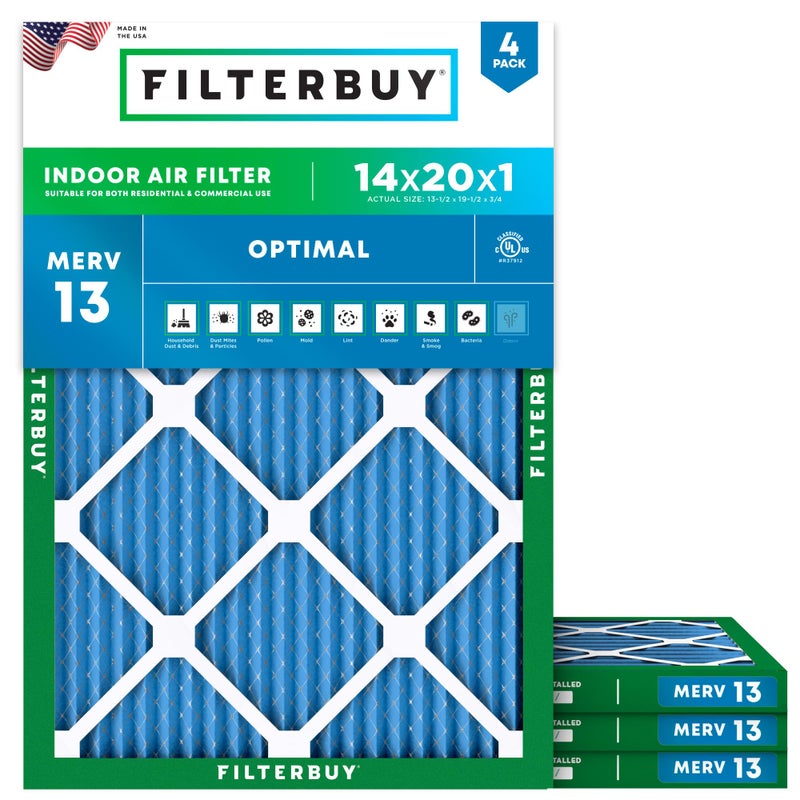 Filterbuy 14x20x1 Air Filter MERV 13 MPR 1900 Health Defense Replacement 4Pack Electrostatic Pleated HVAC AC Furnace Filters Made in USA Actual Size 1350 x 1950 x 075