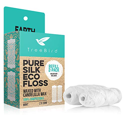 TreeBird Biodegradable Dental Floss Refills 2-pack | For Refillable Glass Holder | Naturally Waxed With Candelilla Wax | 100% Compostable | Natural Silk Spools of 66 yds/60m | Eco-Friendly Zero Waste Oral Care - Image 1