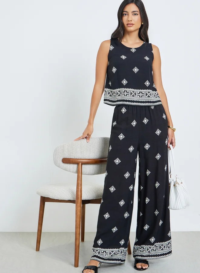 Styli Black Printed Sleeveless Top and Pants Co-ords