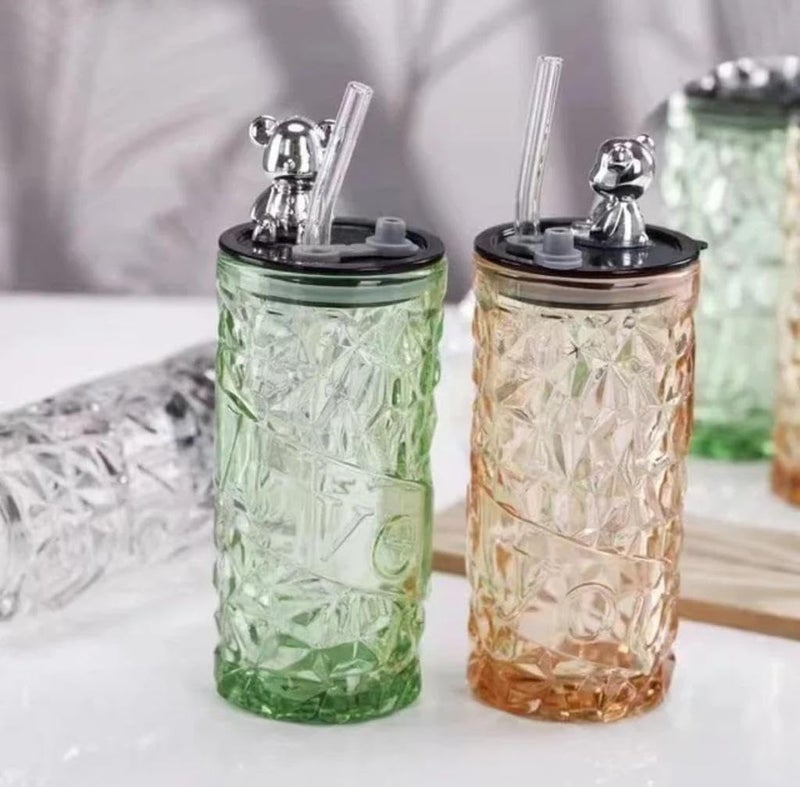 SHREE HANS CREATION Luxury Design Drink Glass Cup with Straw Travel Mug and NonSlip Sleeve Durable Drinking Tumbler Tulip Glass Water Cup Sipper Bottle Love 470ML Multicolor Pack of 2 - Image 2