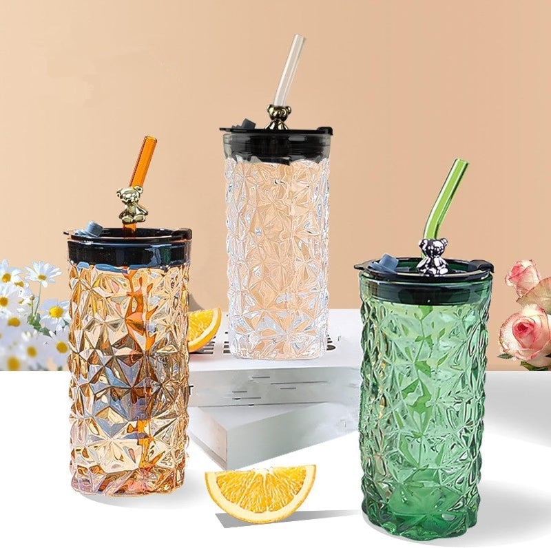 SHREE HANS CREATION Luxury Design Drink Glass Cup with Straw Travel Mug and NonSlip Sleeve Durable Drinking Tumbler Tulip Glass Water Cup Sipper Bottle Love 470ML Multicolor Pack of 2 - Image 4