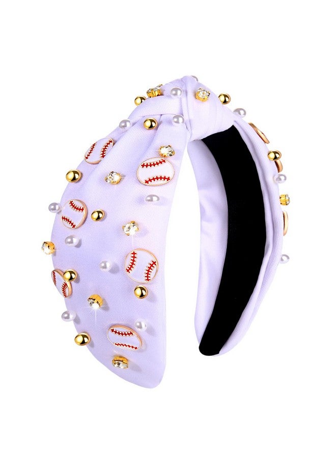 CEALXHENY Baseball Headband For Women Baseball Accessories Beaded Crystal Pearl Knotted Headbands Baseball Charm Embellished Headband Wide Top Knot Sports Game Day Headband Gifts (Awhite) - Image 1