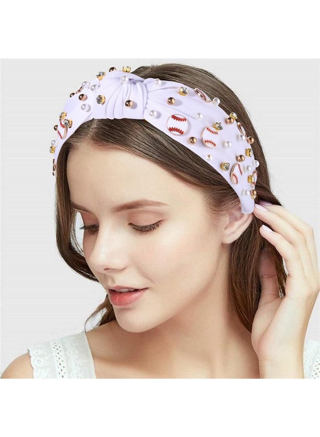 CEALXHENY Baseball Headband For Women Baseball Accessories Beaded Crystal Pearl Knotted Headbands Baseball Charm Embellished Headband Wide Top Knot Sports Game Day Headband Gifts (Awhite) - Image 2