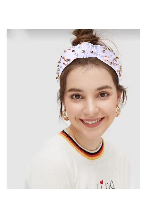 CEALXHENY Baseball Headband For Women Baseball Accessories Beaded Crystal Pearl Knotted Headbands Baseball Charm Embellished Headband Wide Top Knot Sports Game Day Headband Gifts (Awhite) - Image 3
