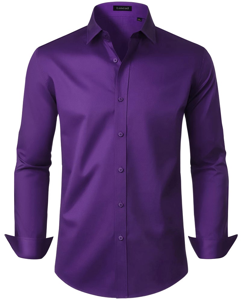 Lusead Mens Dress Shirts Purple Stretch Long Sleeve Cotton Formal Wrinkle Free Business Casual Button Up Shirt for Prom Party - Image 1