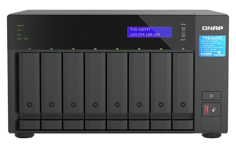 QNAP TVSh874Ti964GUS 8 Bay HighSpeed Desktop NAS with Intel 12th Gen CPU up to 64GB DDR4 Memory Thunderbolt 4 and 25GbE connectivity Diskless