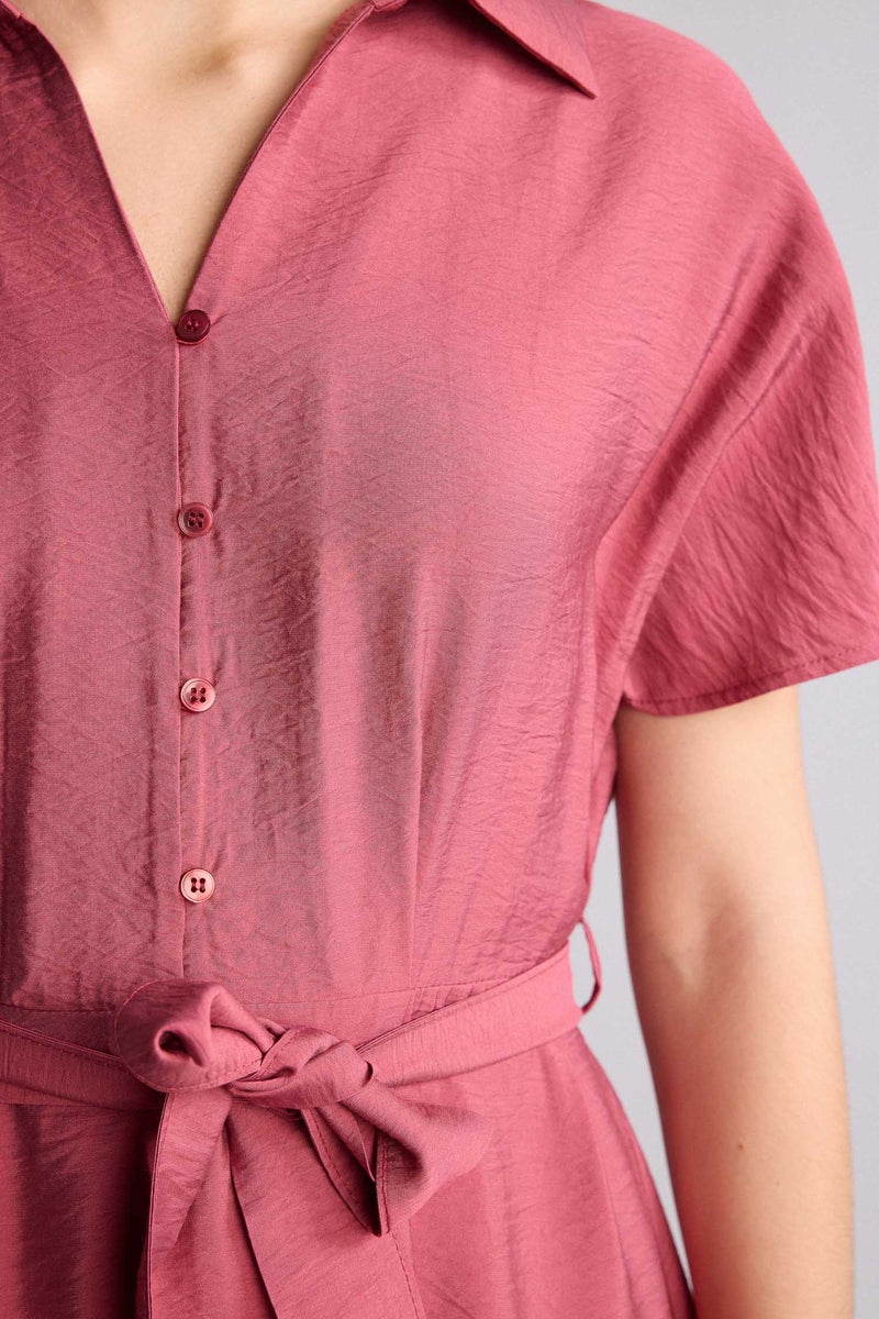 DeFacto Red Woman A Line Shirt Collar Dress Casual - Image 4