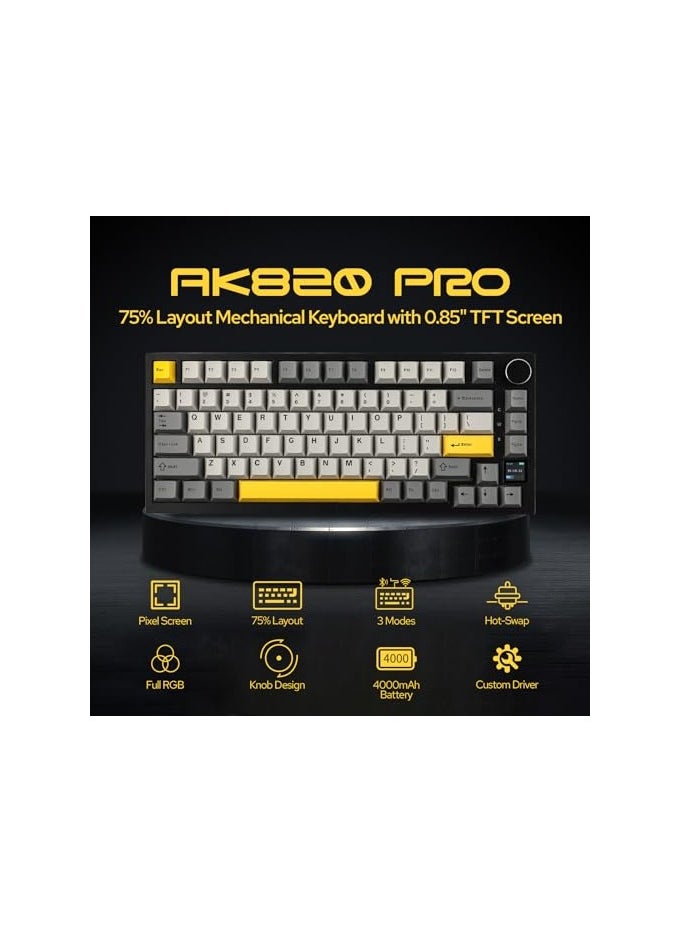 erorex - AK820 Pro 75% Gasket-mounted Mechanical Keyboard with TFT Screen, 3 Modes(Bluetooth 5.1/2.4G Wireless & Type-C Wired), Sound Dampening Foams - Image 1