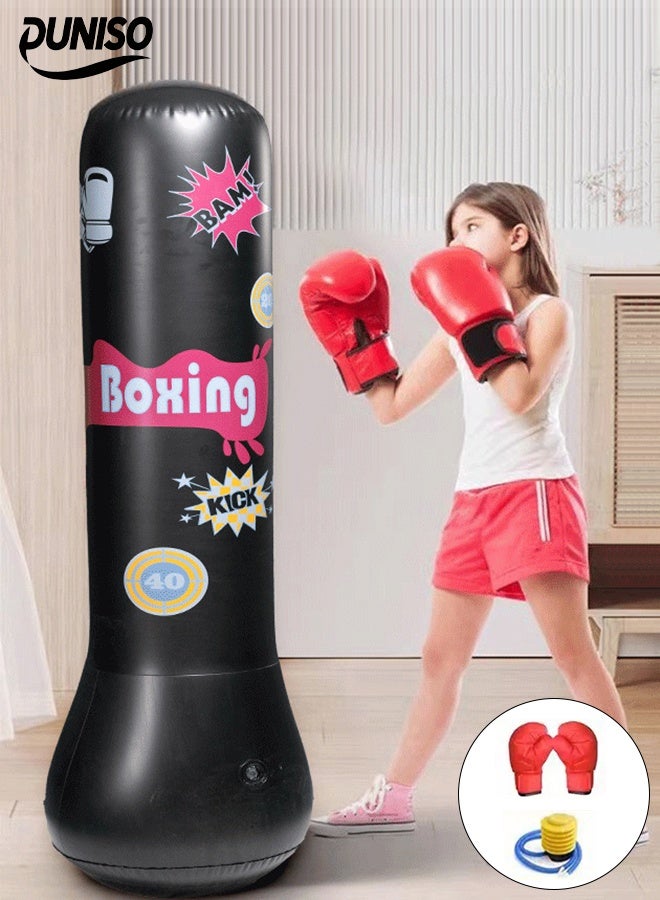 DUNISO عمود ملاكمة قابل للنفخ، حقيبة ملاكمة قابلة للنفخ بارتفاع 160 سم، حقيبة ملاكمة قائمة بذاتها، حقيبة ملاكمة للأطفال والبالغين، لممارسة الكاراتيه، تدريب الملاكمة في المنزل مع ارتداد فوري لتخفيف التوتر - Image 1