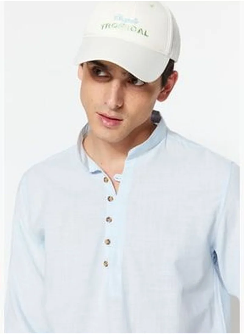 trendyol Blue Men's Slim Fit Shirt with Half-Pleats and Buttons, Wide Collar 100% Cotton TMNSS20GO0097