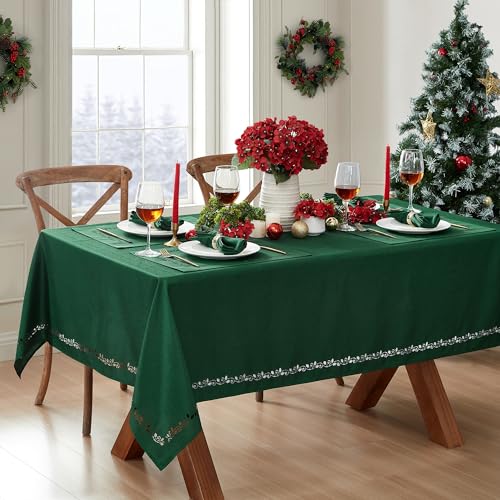 Elrene Home Fashions Holly Scroll Laser Cut Holiday Fabric Tablecloth 52x52 Square Holly Green - Image 1