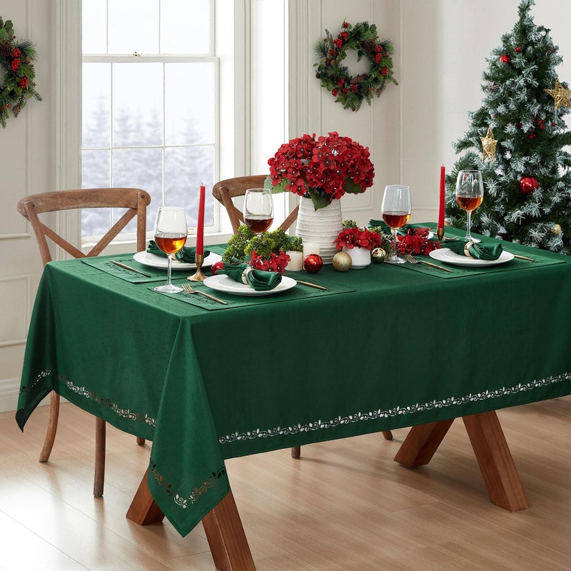 Elrene Home Fashions Holly Scroll Laser Cut Holiday Fabric Tablecloth 52x52 Square Holly Green - Image 2