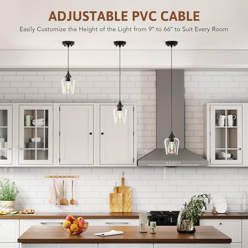 VONLUCE Pendant Light Kitchen Island, Matte Black Pendant Light Fixture with E26 Base & Adjustable Cable, Modern Pendant Lighting with Glass Shade for Living Room Bedroom Hallway - Image 2