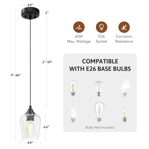 VONLUCE Pendant Light Kitchen Island, Matte Black Pendant Light Fixture with E26 Base & Adjustable Cable, Modern Pendant Lighting with Glass Shade for Living Room Bedroom Hallway - Image 5