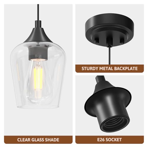 VONLUCE Pendant Light Kitchen Island, Matte Black Pendant Light Fixture with E26 Base & Adjustable Cable, Modern Pendant Lighting with Glass Shade for Living Room Bedroom Hallway - Image 4
