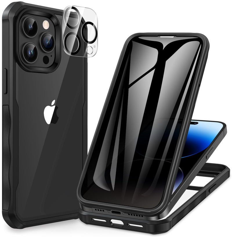 CENHUFO Privacy for iPhone 14 Pro Case, Full Body Phone Case with Built-in 9H Tempered Glass Privacy Screen Protector and Camera Lens Protector, Anti Peep Spy Shockproof Bumper Clear Cover - Black - Image 1