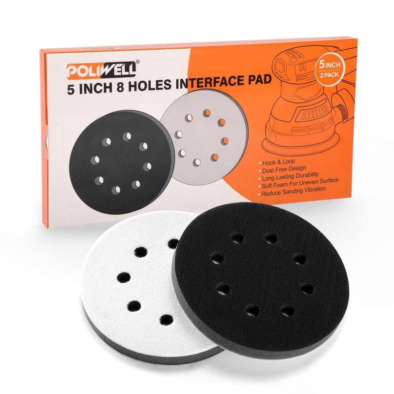 POLIWELL 5 Inch 8 Holes Interface Pad, 5â€ Orbital Sander Foam Pad for 5 in Orbital Sander, Hook and Loop Soft Sponge Cushion Buffing Pads Sanding Pads Backing Pads, Pack of 2 - Image 1