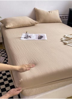 LUNA Home 3-Piece Set: queen-size fitted bedsheet and two pillowcases, washable cotton in a beige color.  - Image 1