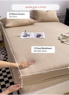 LUNA Home 3-Piece Set: queen-size fitted bedsheet and two pillowcases, washable cotton in a beige color.  - Image 2