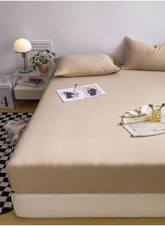 LUNA Home 3-Piece Set: queen-size fitted bedsheet and two pillowcases, washable cotton in a beige color.  - Image 3