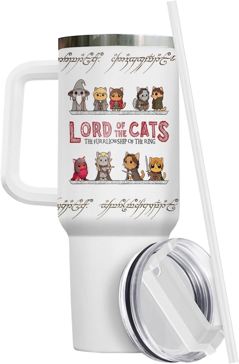 34HD Cute Cat Tumbler with Handle & Straw, 40z Stainless Steel Vacuum Insulated Lord Of The Cats Coffee Mug, Cat Gifts for Men Women Birthday Mothers Day Christmas - Image 2