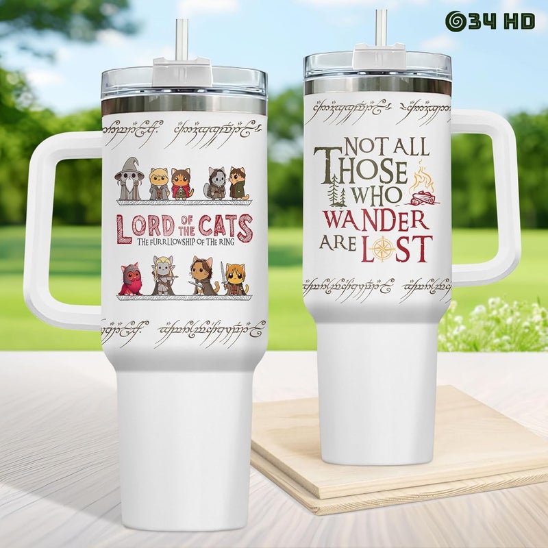 34HD Cute Cat Tumbler with Handle & Straw, 40z Stainless Steel Vacuum Insulated Lord Of The Cats Coffee Mug, Cat Gifts for Men Women Birthday Mothers Day Christmas - Image 4