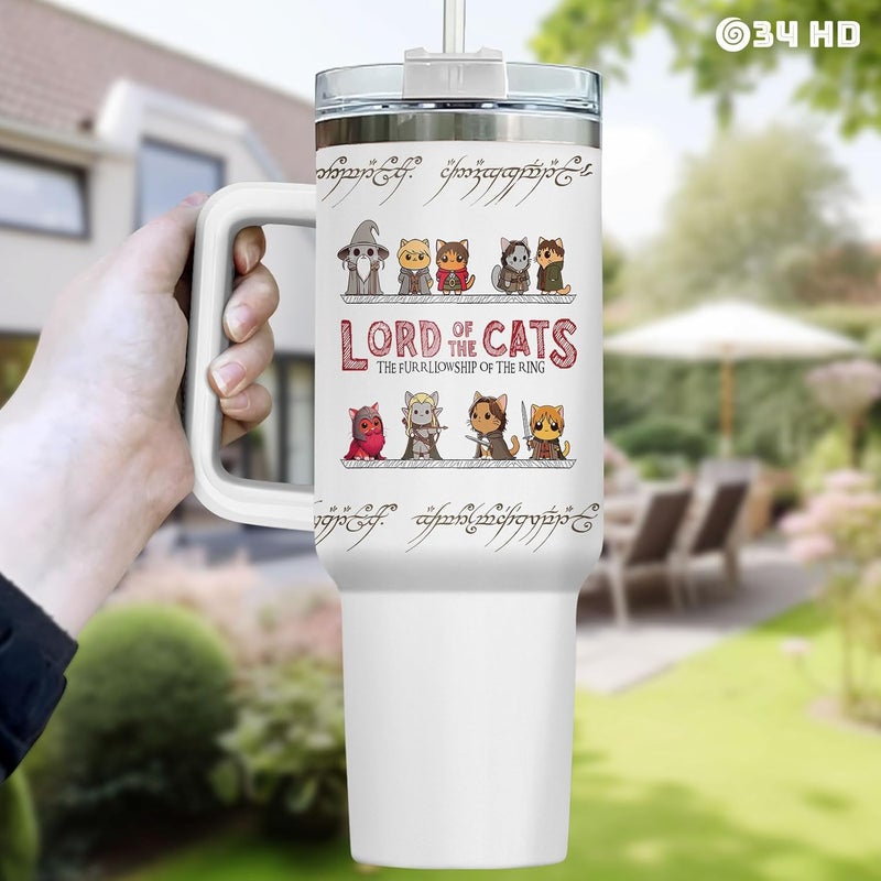 34HD Cute Cat Tumbler with Handle & Straw, 40z Stainless Steel Vacuum Insulated Lord Of The Cats Coffee Mug, Cat Gifts for Men Women Birthday Mothers Day Christmas - Image 5