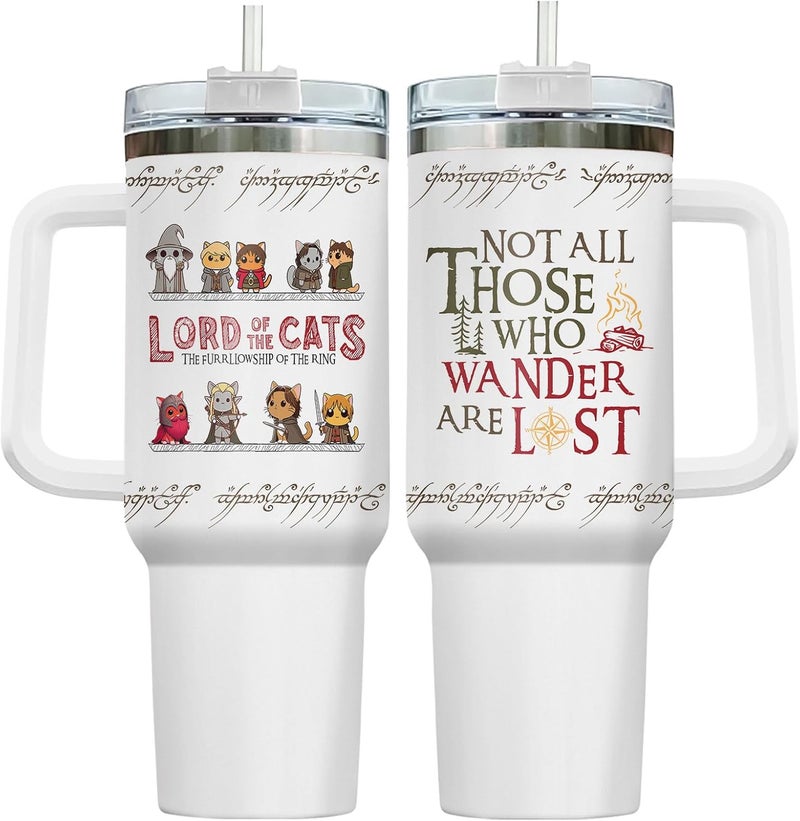 34HD Cute Cat Tumbler with Handle & Straw, 40z Stainless Steel Vacuum Insulated Lord Of The Cats Coffee Mug, Cat Gifts for Men Women Birthday Mothers Day Christmas - Image 1