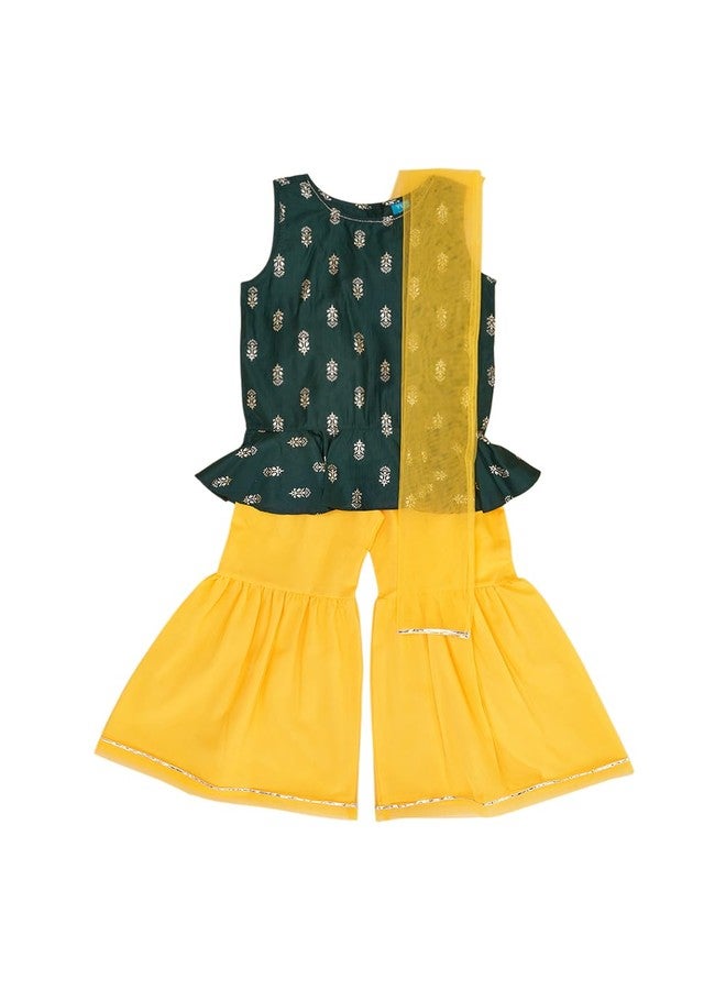 YU by Pantaloons Girl's Cotton Regular Kurta Sharara Dupatta Set (110144659006_Green - Image 1