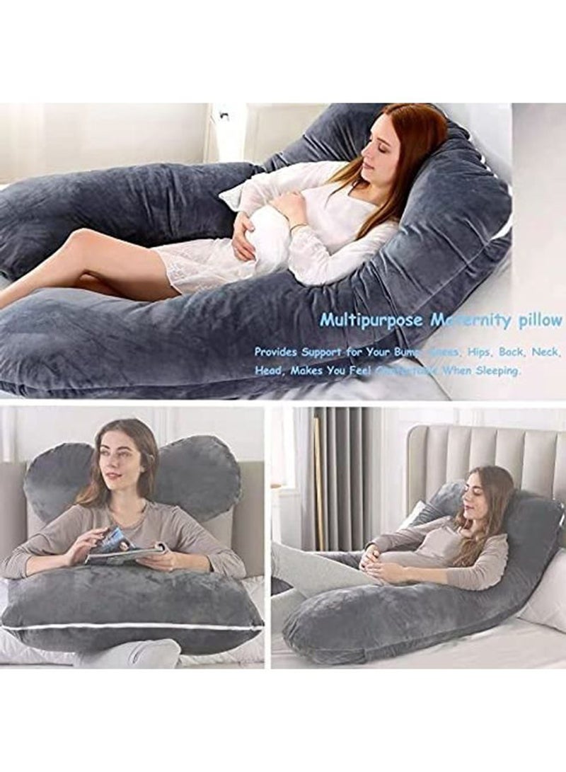 U Shaped Maternity Pillow With Removable Velvet Cover Cotton Grey 55.9x28inch - Image 5