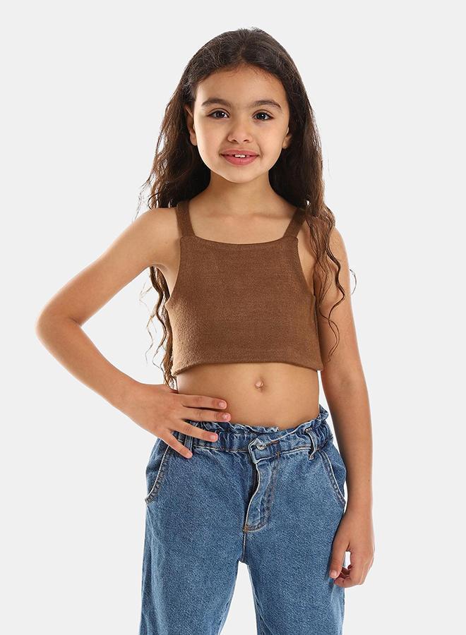 Kady Girls Spaghetti Sleeves Solid Girls Crop Top, camel, 10 Years- Fitted - Image 1