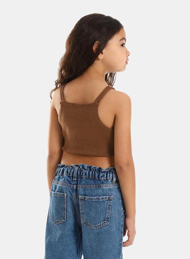 Kady Girls Spaghetti Sleeves Solid Girls Crop Top, camel, 10 Years- Fitted - Image 3