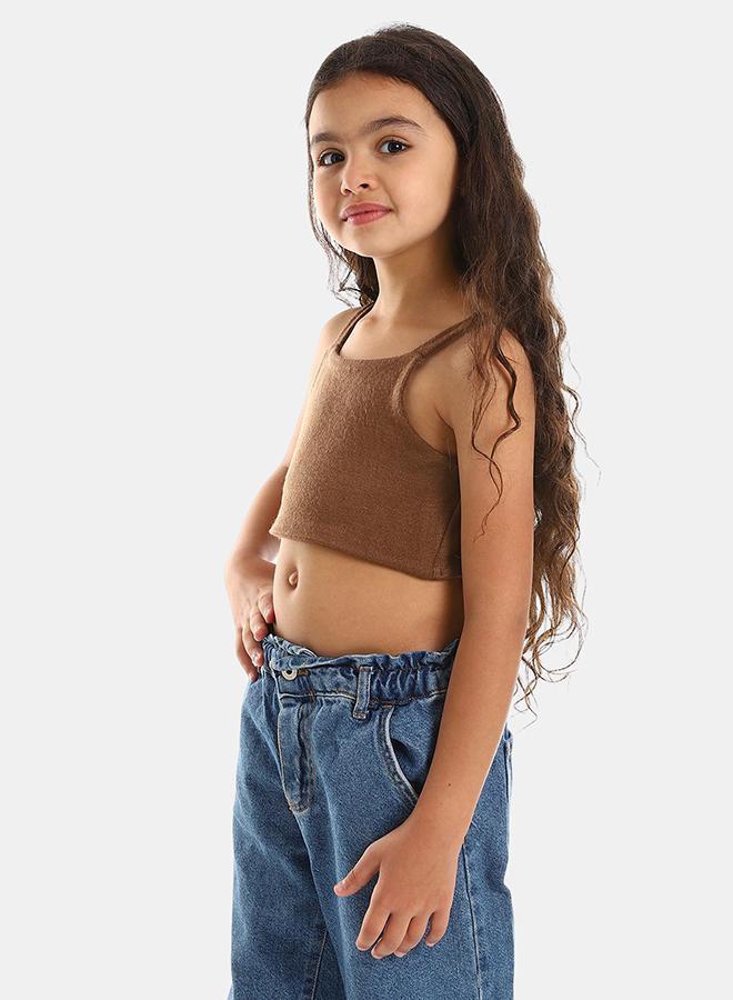 Kady Girls Spaghetti Sleeves Solid Girls Crop Top, camel, 10 Years- Fitted - Image 2