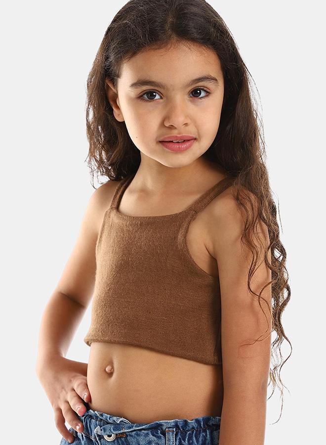 Kady Girls Spaghetti Sleeves Solid Girls Crop Top, camel, 10 Years- Fitted - Image 4