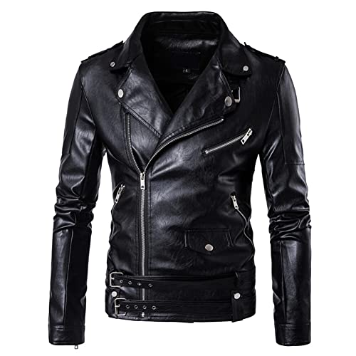AOWOFS Men's Faux Leather Jacket Double Belt Punk Motorcycle Zip Slim Fit Biker Jacket - Image 2