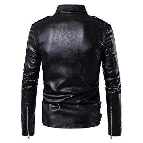 AOWOFS Men's Faux Leather Jacket Double Belt Punk Motorcycle Zip Slim Fit Biker Jacket - Image 5