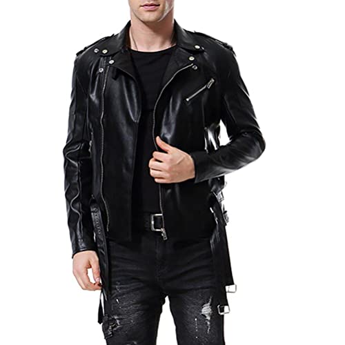 AOWOFS Men's Faux Leather Jacket Double Belt Punk Motorcycle Zip Slim Fit Biker Jacket - Image 1
