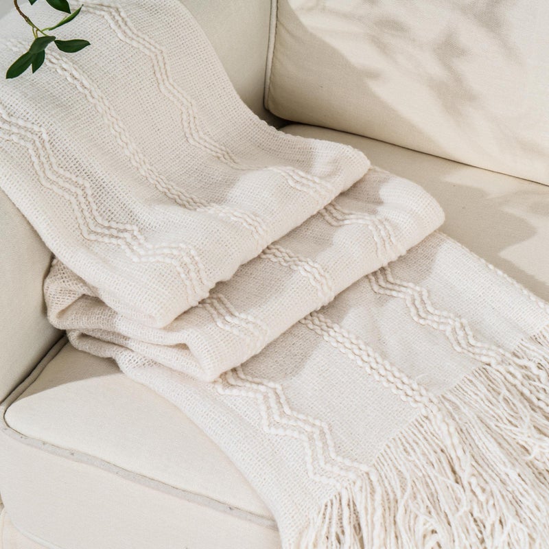 BATTILO HOME Cream Throw Blanket for Couch, Bedroom Decor Boho Throw Blanket, Decorative White Blanket Throw for Sofa Living Room, 50"x60" - Image 3