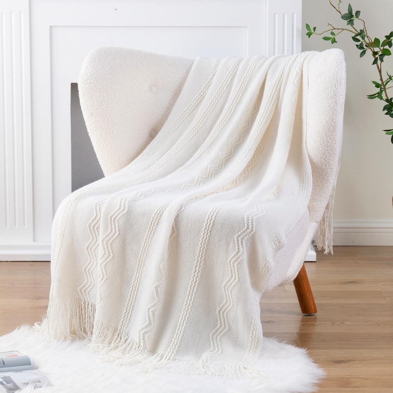 BATTILO HOME Cream Throw Blanket for Couch, Bedroom Decor Boho Throw Blanket, Decorative White Blanket Throw for Sofa Living Room, 50"x60" - Image 2