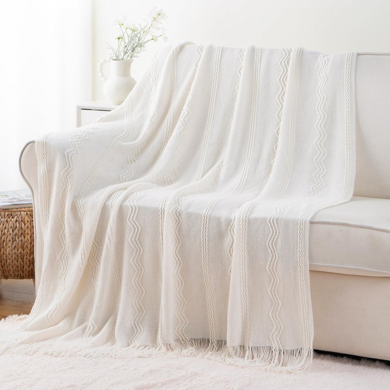 BATTILO HOME Cream Throw Blanket for Couch, Bedroom Decor Boho Throw Blanket, Decorative White Blanket Throw for Sofa Living Room, 50"x60" - Image 4